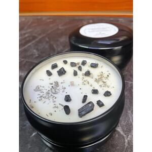 Frankincense & Myrrh with Black Tourmaline Stones & Sage Soy Candle